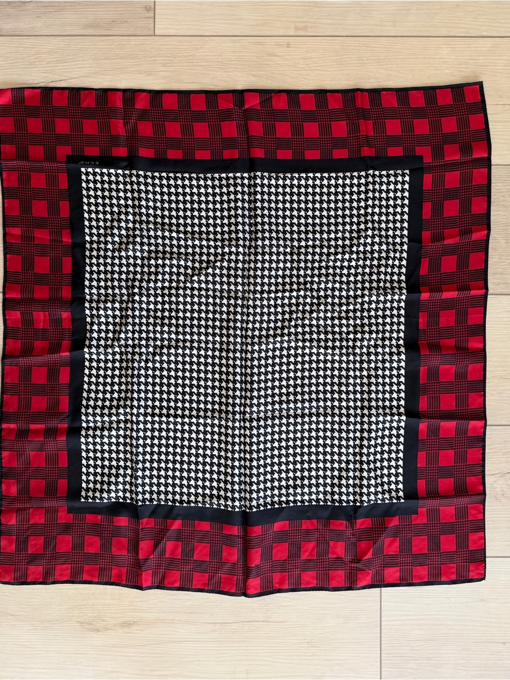 ECHO- Red and Black Plaid Houndstooth Decorative scarf- 100% silk